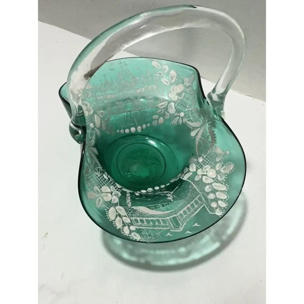 Vintage Murano Moser Etched Scenery Green Blown‎ Art Glass Basket Clear Handle